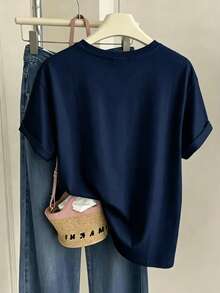 Women's Casual Round Neck Short Sleeve Drop Shoulder T-Shirt, Unique Graphic Print, Regular Length Knit Fabric, Perfect For Everyday Wear. - Navy Blue - View 2