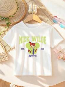 Disney Zootopia Nick Wilde T-Shirt With Double-Sided Letter Print For Girls – Short-Sleeved, Casually Cute, Comfortable And Relaxed. Suitable For Boys And Girls, Perfect For Parties And Playtime. Machine Washable. Gift Idea. - White - View 2