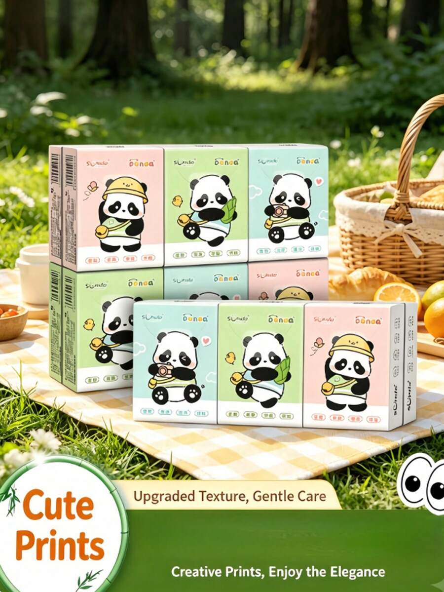 Cute Panda Pattern Portable Pocket Tissues, Upgraded Thickened Natural Wood Pulp Material, Multi-Color Assortment, Essential Cute Facial Tissues For Girls And Picnics - Panda Version - View 1