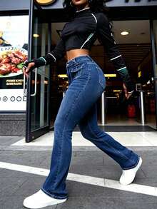 Pantalones vaqueros casuales de pierna acampanada y corte holgado con bolsillos para mujeres, Jeans diarios simples de unicolor para mujer, Jesns holgados lavados para mujer - 2058 - Ver 4