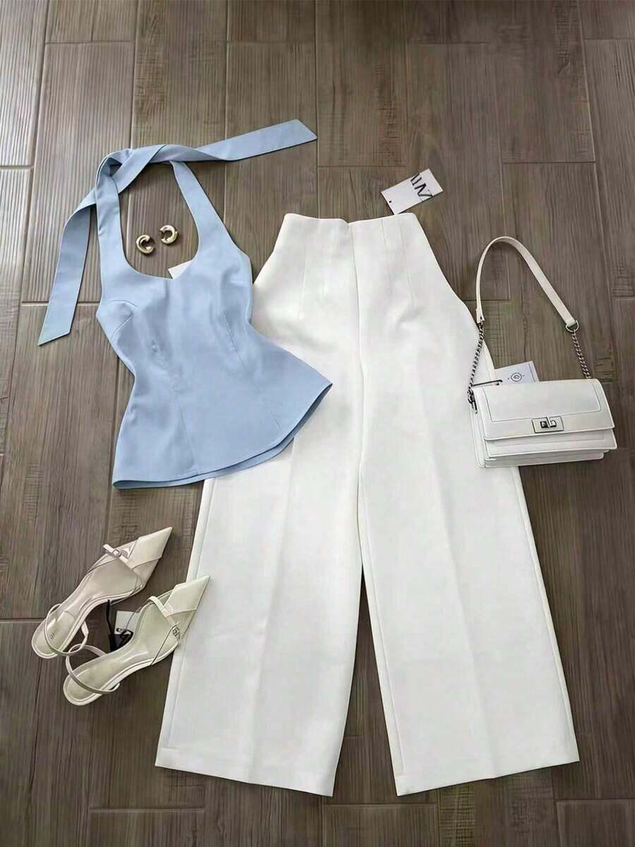 Women's Casual 2-Piece Set: Solid Color Halter Top And Wide Leg Pants - Multicolor 2 - View 1