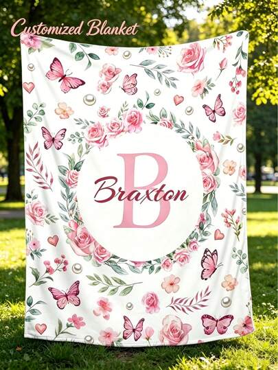 Personalized Floral Butterfly Blanket, Custom Name, Rose Pearl Print. Soft Anti-Pilling Fleece, All-Season Gift For Girls Nursery