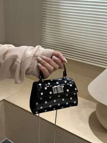 Mini sac à main et sac à bandoulière à rabat verrouillable de style mode minimaliste à motif pois, sac fourre-tout avec imprimé à pois et motif de rouge à lèvres de style français, mini sac de ville, de soirée, polyvalent - Noir - Voir 4