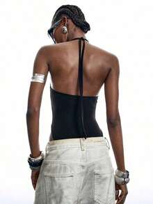 Body decorativo con escote halter y cuentas brillantes para mujer - Negro - Ver 2