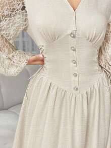 Vestido elegante de mujer con manga farol de encaje de contraste y abotonadura sencilla - Albaricoque - Ver 3