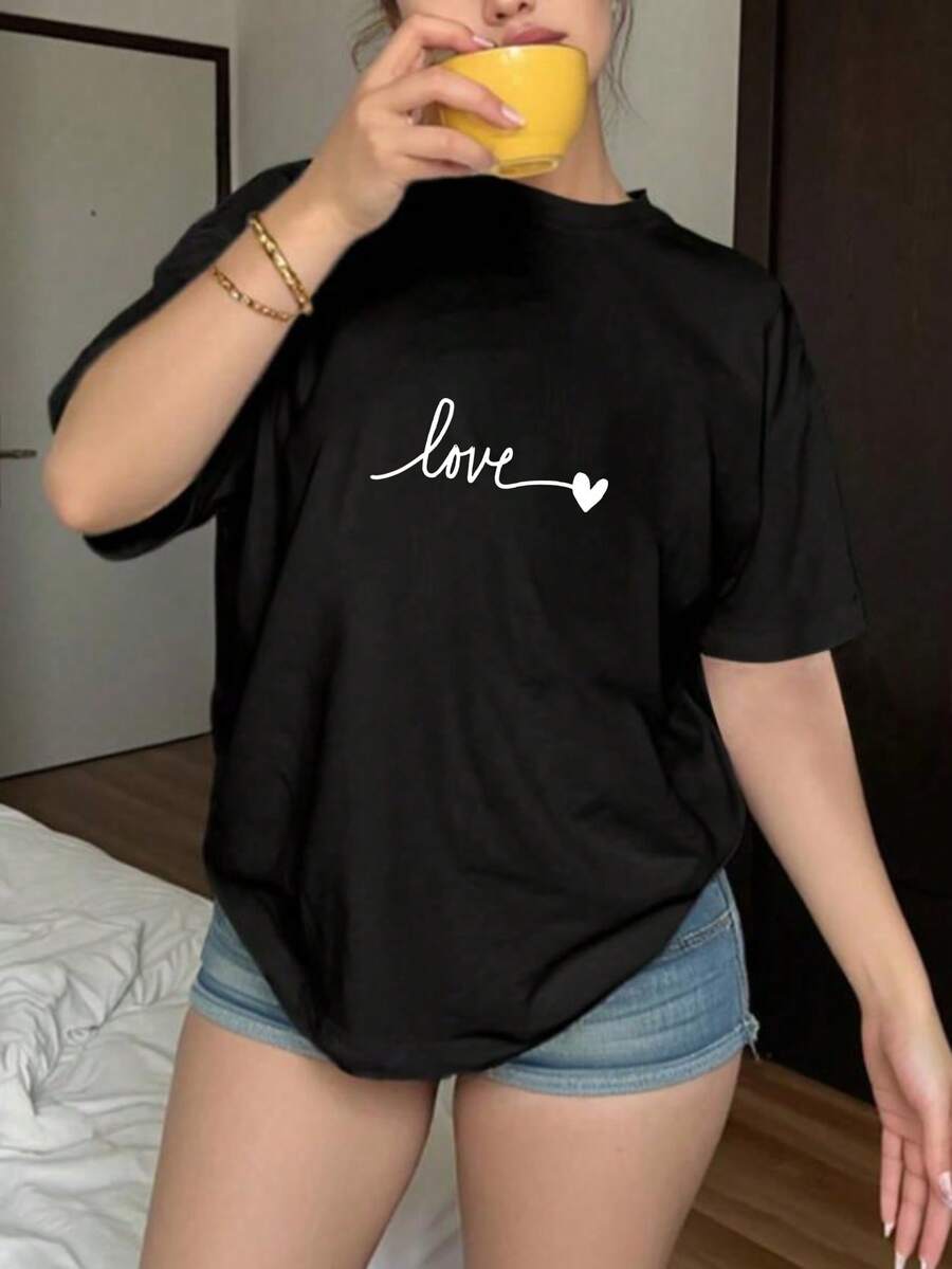 Camiseta Holgada Cuello Redondo Básica, Estilo Versátil para Todas las Ocasiones - Negro - Ver 1