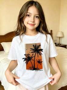 Palmeras Atardecer Silueta Playa Camiseta estampada para niños - Blanco - Ver 8