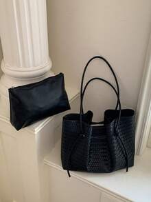New Fashion Casual Solid Color PU Fabric Woven Embossed Lace-Up Women Tote Bag With Inner Pouch - A - View 12