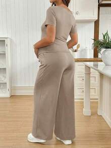 2 piezas Conjunto de top asimétrico y pantalones de unicolor casual de maternidad, verano - Caqui - Ver 2
