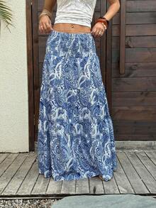 Women's Long Bohemian Print Skirt, Casual For Vacation And Everyday Wear, Spring/Summer - 海軍藍 - 查看 1