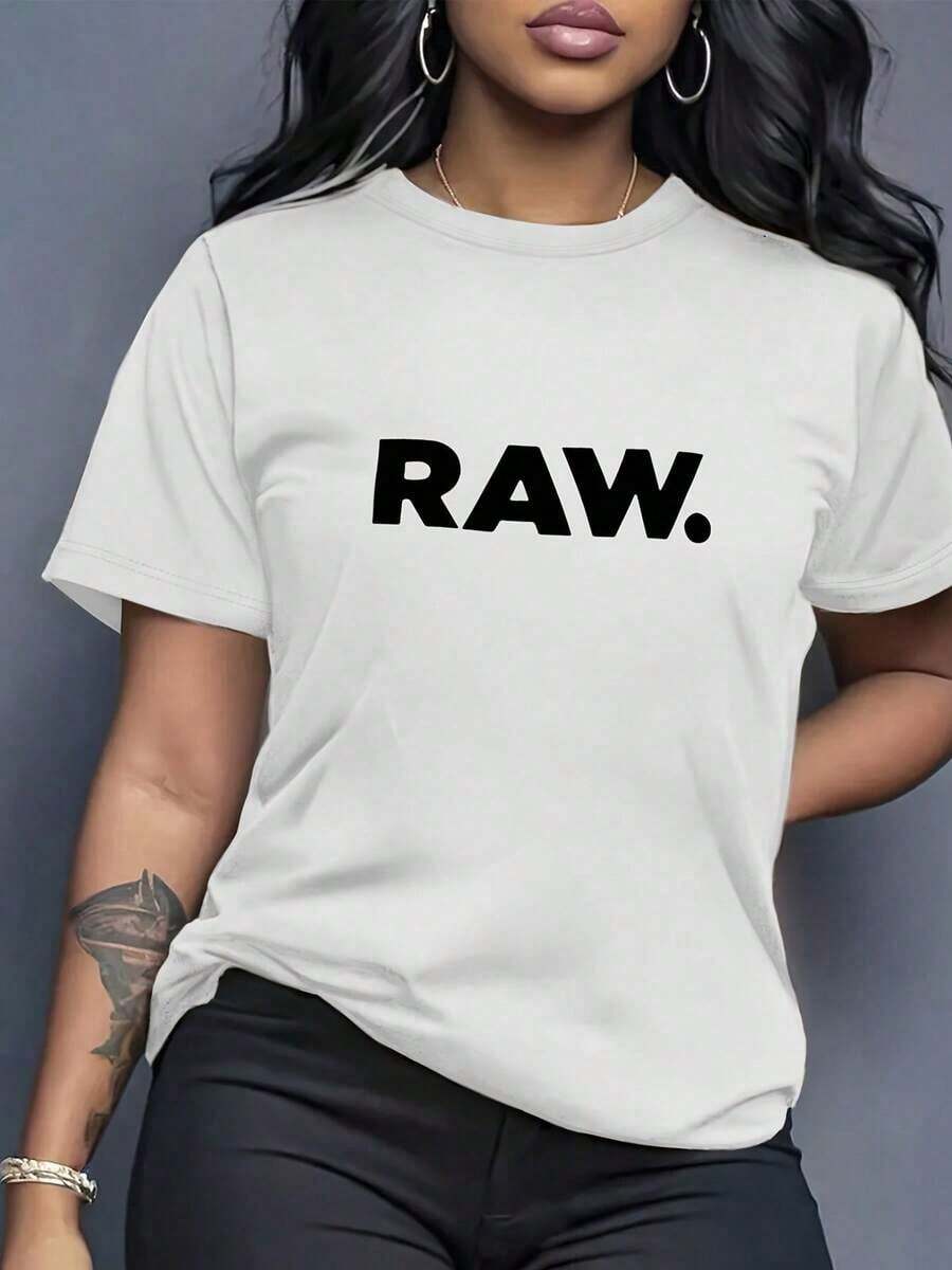 Camiseta Casual de Talla Grande para Mujer con Estampado Gráfico Vintage RAW, Camiseta de Manga Corta para Primavera/Verano/Otoño, Cuello Redondo, Top Cómodo, Adecuada para Uso Diario, Vacaciones y Ropa de Exterior. WHBH - Blanco - Ver 1