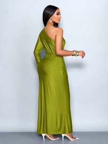 xheSOLERSUN Vestido ajustado de manga larga con cuello asimétrico y decoración metálica para mujer, vestido largo para mujer para vacaciones, boda, graduación, baile de graduación, vacaciones, otoño, adecuado para fiestas de Navidad, vacaciones y citas de San Valentínxhe - Verde - Ver 2