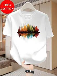 Camiseta para hombre 100% algodón, prenda superior fina de manga corta para verano, ajuste entallado moderno y a la moda para hombres jóvenes, casual, transpirable y versátil, con estampado de reflejo de bosque colorido, patrón de paisaje artístico, fresco y natural - Blanco - Ver 5