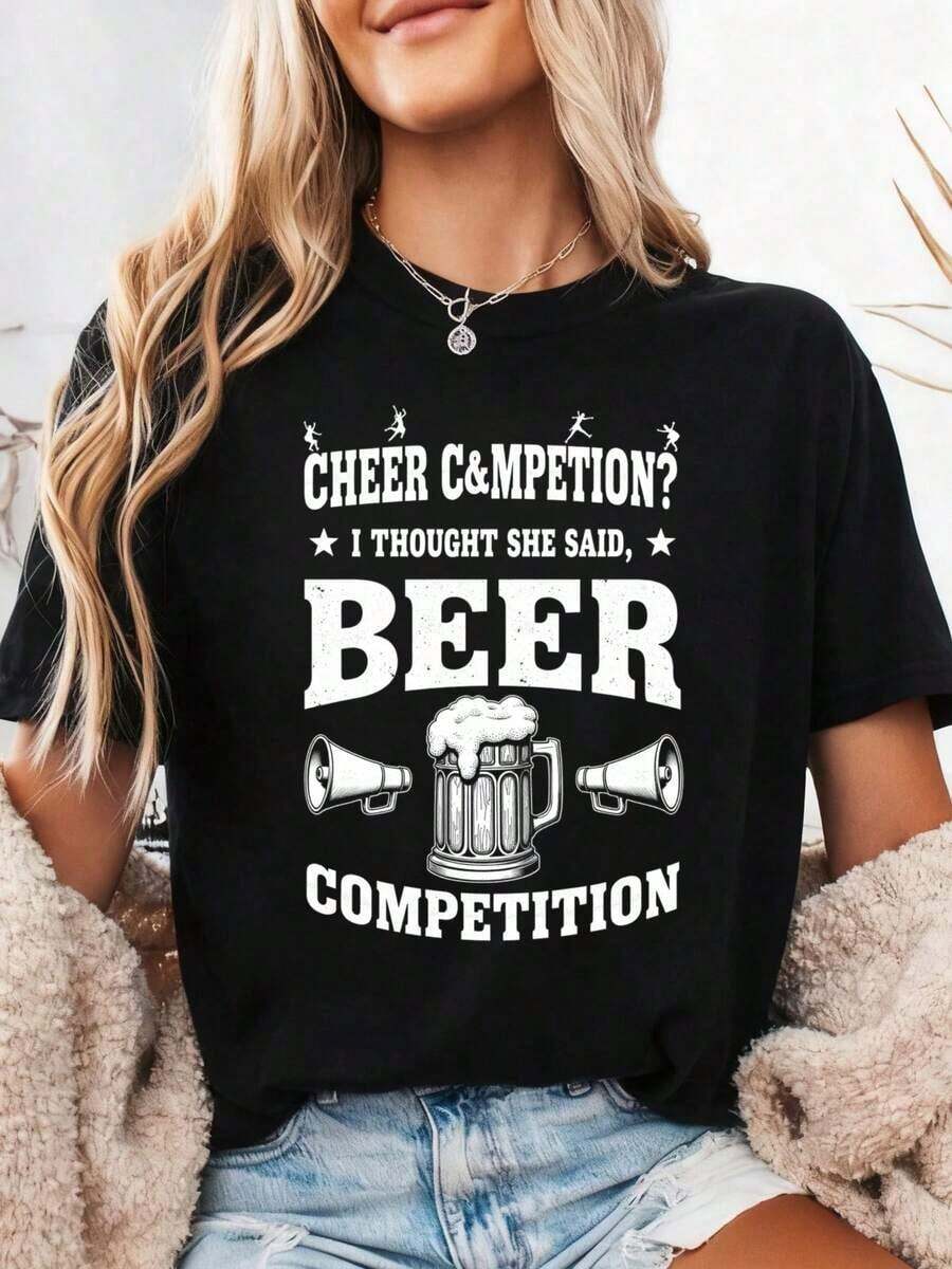 Pure Cotton T-Shirt "Cheer Dad Cheerleader Beer Competition Cheer Papa" - 黑色2 - 查看 1