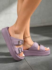 FZY Platform Slides For Women, Adjustable Buckle Glitter Straps, Comfortable Chunky Flatform Sandals, Non-Slip Open Toe Y2K Summer Slippers For Beach, - Purple P - View 4