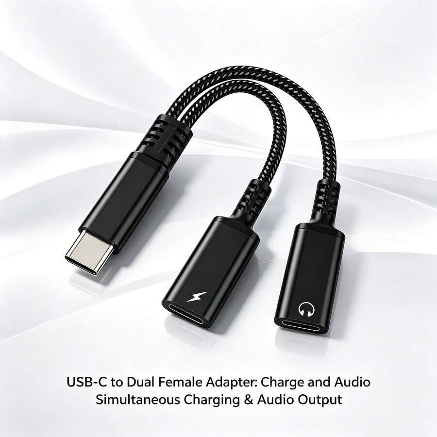 Braided Conversion Cable 1-2pcs/Pack Charging+Audio 2-In-1 Adapter Cable Type-C Earphone And Charging Compatible Audio Jack Conversion Fast Charging Cable Compatible With Iphone 17/16/15/ S26/S25/S24/S23/S22/S21/S20 Ultra Plus/ Series - Black - View 1