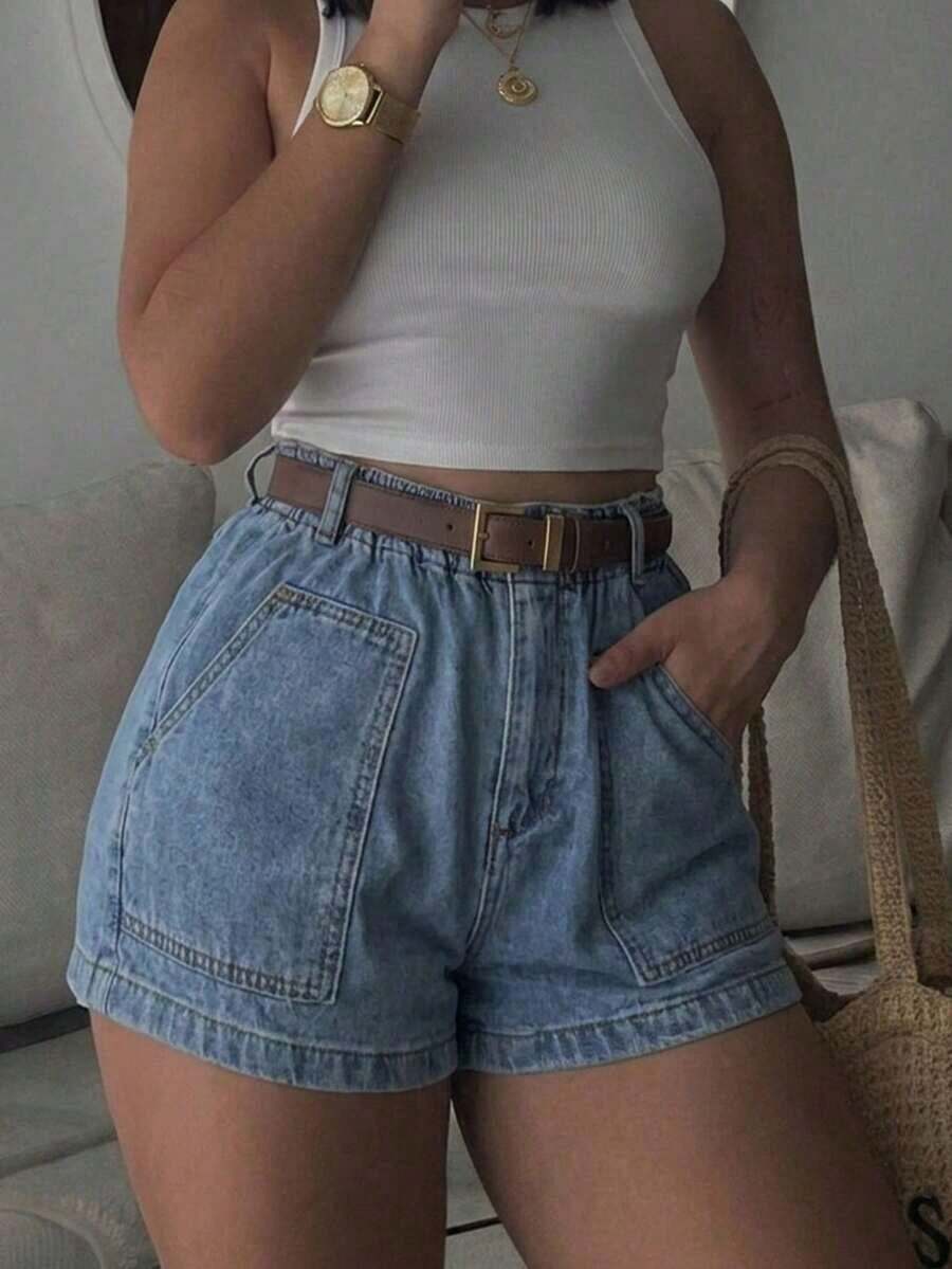 Pantalones cortos de mezclilla casuales de moda con cintura elástica y bolsillos para mujer - Lavado ligero - Ver 1