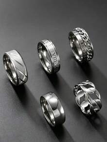 5pcs Fashionable Gothic Stainless Steel Ring Set For Men, Includes Roman Letter & Twisted Rope Elements, Suitable For Daily Wear & Holiday Accessories - 5 Roman Numeral Rings - View 4