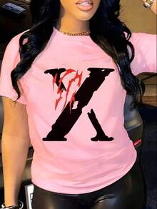 Red Flame Design And Print X Digital Print Short Sleeve Unisex Pure Cotton Loose And Comfortable - Pink - View 1