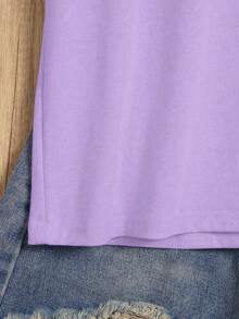 Plus Size Women's Summer Elegant Floral Print Crew Neck Short Sleeve T-Shirt, White With Blue Flowers, Versatile Casual T-Shirt For All Seasons - Purple - View 3