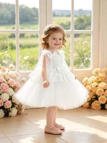 Baby Girls Thick Strap Bow Jacquard Fabric & Mesh Patchwork Cute Flower Girl Dress, Suitable For Birthday Celebration, Headband Not Included - White - View 2