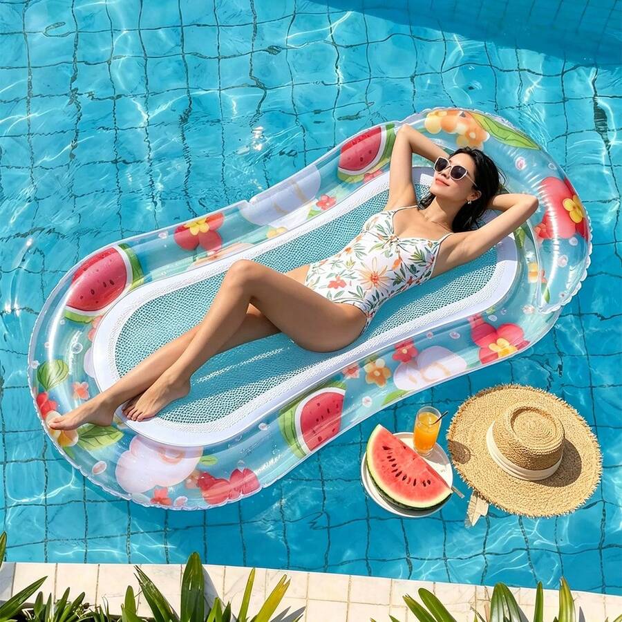 1 Set Adult Inflatable Pool Floating Lounge Chair, Mesh Design, Adult Pool Hammock, Watermelon/Strawberry Pattern, Built-In Headrest, Built-In Sparkling Colorful Confetti (Random Color And Style) - Multicolor - View 1