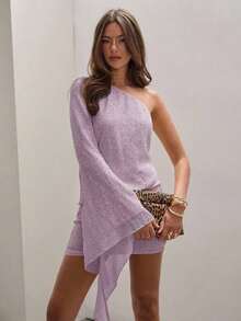 Vestido de verano de mujer elegante con un hombro, con textura y adornos de lentejuelas, vestido de un solo manga, vestido asimétrico, vestido lila para mujer, vestido de verano de un solo hombro, vestido asimétrico para mujer - Púrpura malva - Ver 1