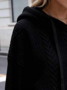 Plus Size Women's Solid Color Drop Shoulder Long Sleeve Drawstring Hooded Loose Sweater - Black - View 3