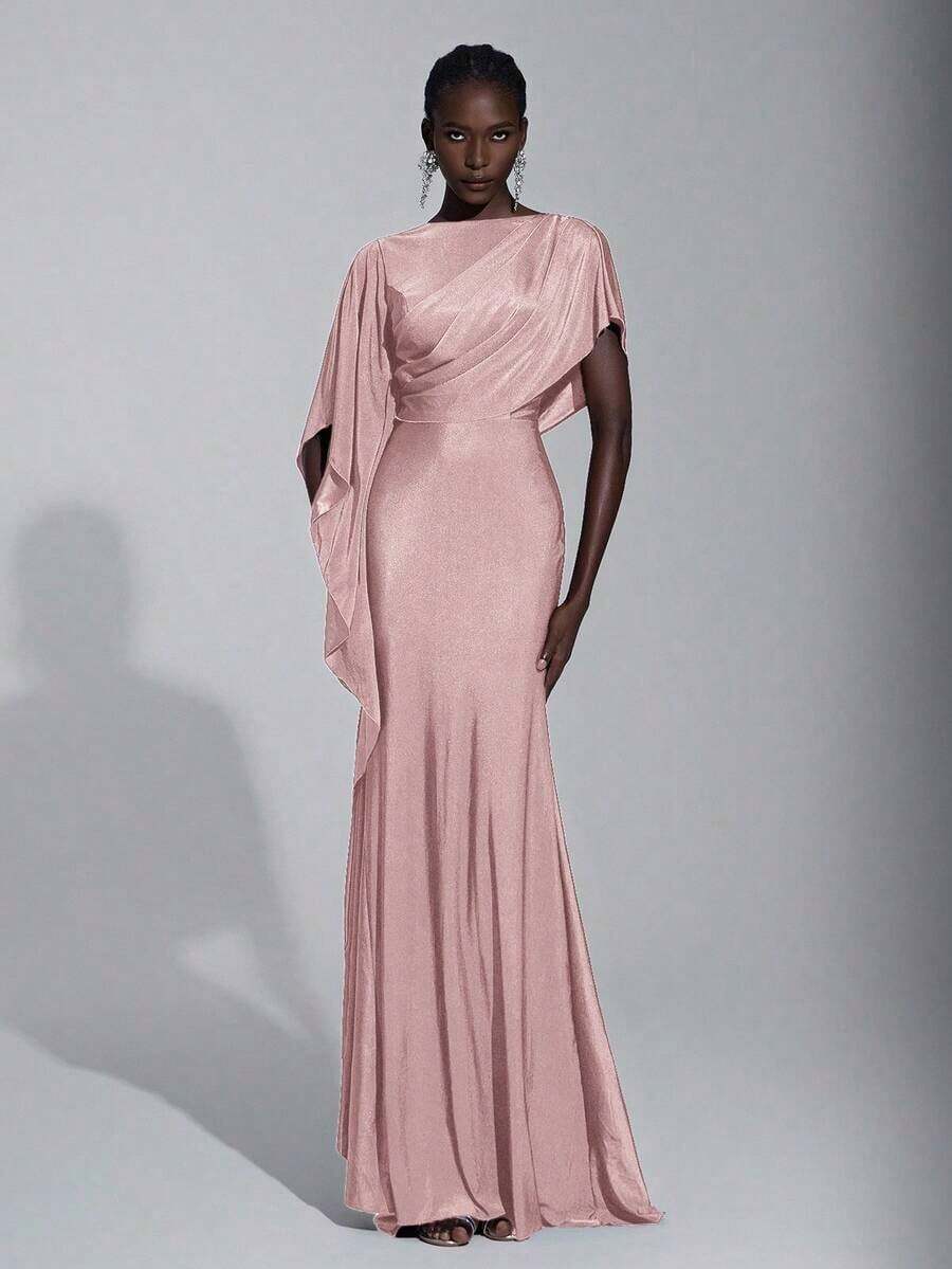 Elitara Elegante y lujoso vestido de dama de honor con abertura y volantes en las mangas, de satén azul marino - Rosa vieja - Ver 1