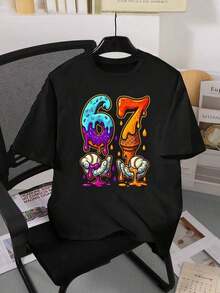 Basic Short-Sleeved T-Shirt For Pre-Teen Boys, Featuring A Cartoon-Style Slogan Graphic Print With The Number 67, In A Minimalist And Refreshing Style, Suitable For Casual Spring, Summer And Autumn Outfits - 綠色 - 查看 3