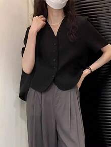 優雅女款V領短袖黑色西裝外套，夏季通勤短版西裝外套開襟上衣 - 黑色 - 查看 3