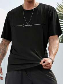 Manfinity Roughcore Camiseta casual de manga corta con cuello redondo y estampado de letras para hombres de talla grande - Negro - Ver 4