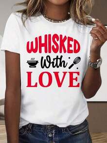 Fashionable Black And White Short-Sleeved T-Shirt For Home And Outdoor Activities, Featuring The Phrase "Whisked With Love," For Women. A Fun Kitchen Tee, A Great Gift For Chefs, Or A Party Favor. Simple Solid Color, Loose And Fitted, Casual Short-Sleeved T-Shirt For Women. - 黑色 - 查看 4