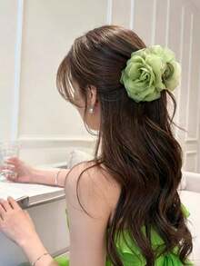 1pc Women's Sweet Elegant Mesh Flower Hair Claw Clip, Suitable For Daily Wear And Vacation - Green - View 2