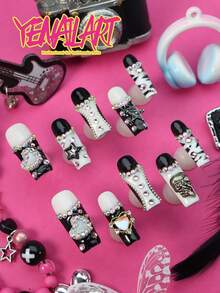 10片手工方形美甲贴片，欧式全覆盖Y2K夏季美甲，渐变蓝黄绿紫，卡通幽灵蘑菇星形图案，趣味假指甲，适合音乐节、日常生活和派对，美甲用品 - 黑與白 - 查看 5