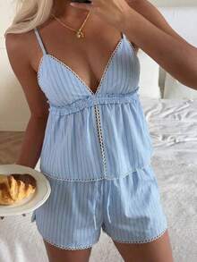 Conjunto de Dos Piezas para Mujer, Novedad Verano 2024: Camiseta Tipo Camisola con Estampado Lunar Azul Marino + Pantalones Casuales, Ideal para Viajes Diarios, Vacaciones - Azul - Ver 11