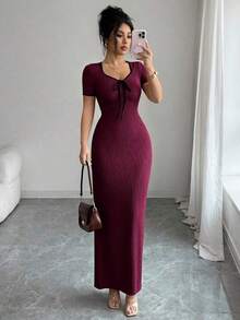Vestido largo ajustado de manga corta con diseño de lazo en la cintura y cuello de corazón elegante y romántico en color albaricoque, para primavera/verano - Burdeos - Ver 3