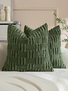 1/2pcs Moss Green Corduroy Checkerboard & Striped Pattern Bohemian Decorative Cushion Cover, Sofa Pillow, Decorative Pillow Cover, Office, Living Room - Green - View 2