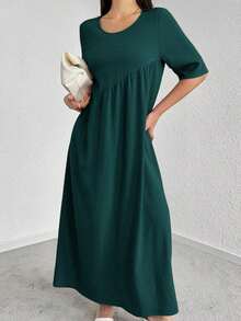 Vestido casual de fiesta con cuello redondo y plisado de unicolor, adecuado para el verano - Burdeos - Ver 9