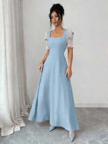 Vestido de manga corta con cuello cuadrado, decoración de lazo 3D y parches de malla - Celeste - Ver 4