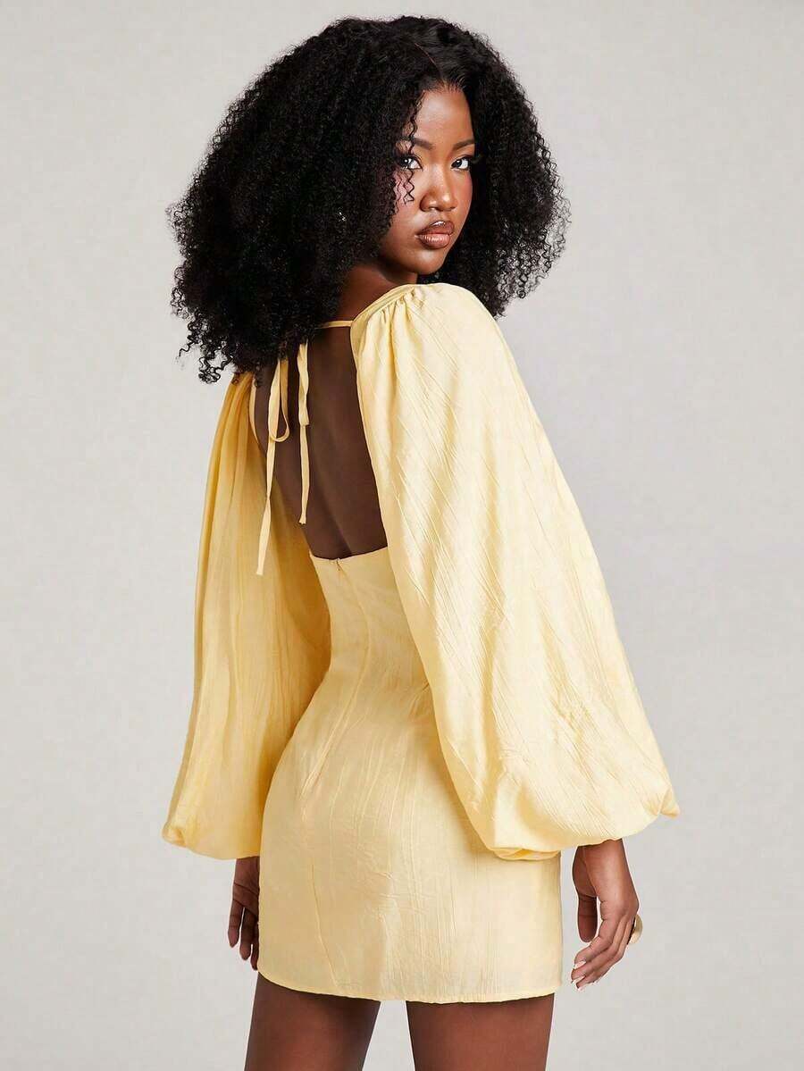 Vestido casual de mujer con cuello cuadrado, mangas farol y espalda descubierta - Amarillo - Ver 1