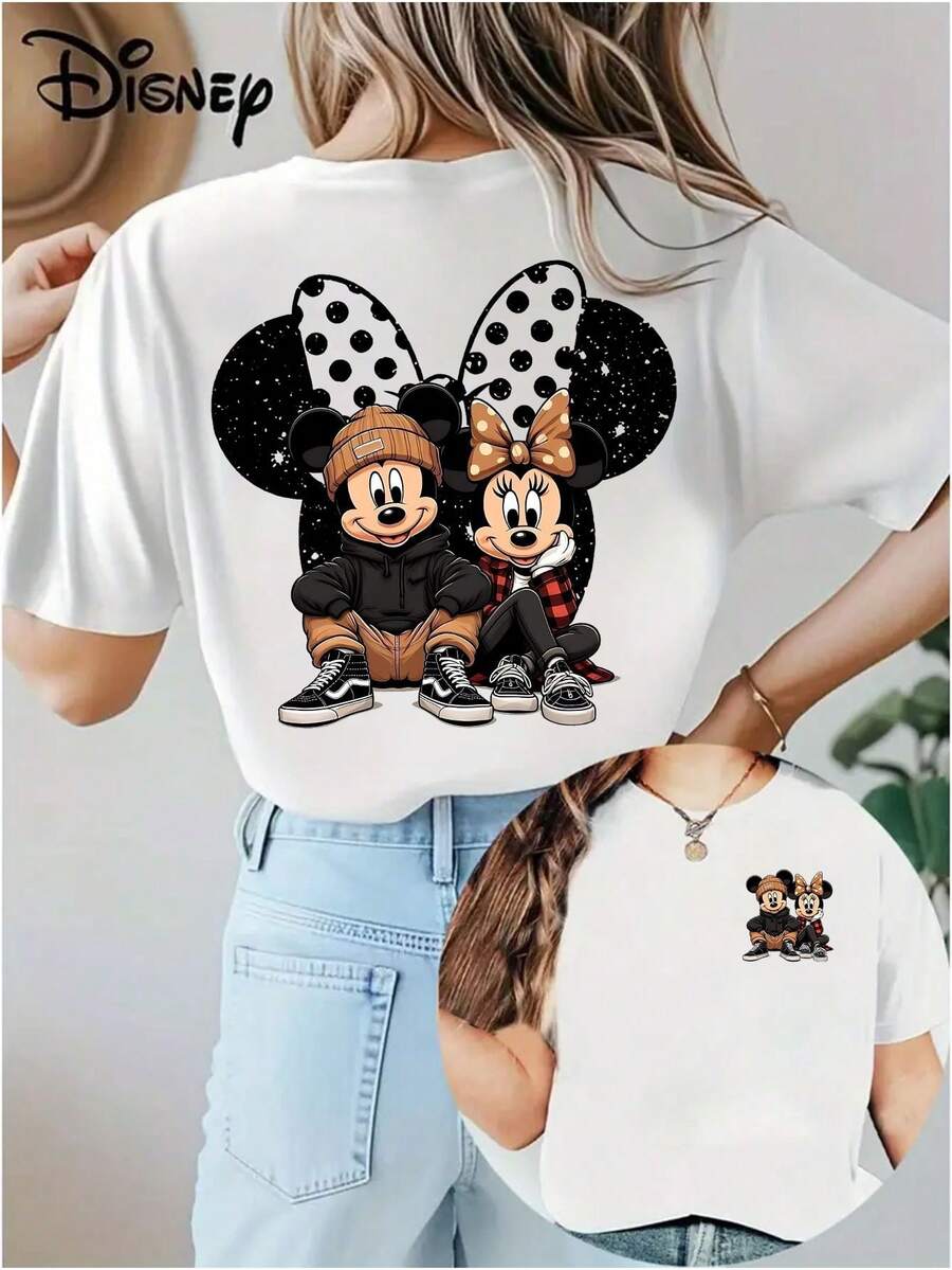 Disney T-shirt à manches courtes imprimé Mickey et Minnie, doux et extensible, décontracté, à col rond, tendance et léger, pour femmes. - Blanc - Voir 1