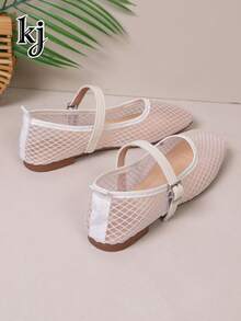 Women's Flat Shoes, Breathable Non-Slip Soft-Sole Mesh Hollow-Out Solid Color Square Toe Mary Jane Shoes, Suitable For Work, White, Ballet Flats - White - View 2