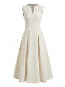 Solid Color Minimalist Hollow Out Slit V-Neck Sleeveless Waist-Cinching Midi Dress, Elegant Style - Beige - View 10
