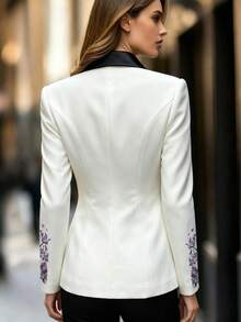 女款時尚刺繡鈕扣前開襟西裝外套，適合日常辦公、聚會，有內裡，四季皆宜，高克重面料度假風 - 紫色 - 查看 2