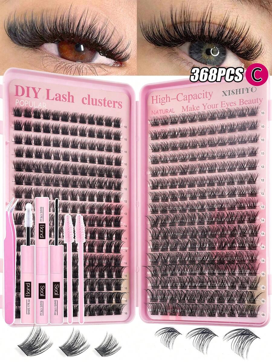 368片 D捲度 30D-100D DIY假睫毛接睫毛套組，含睫毛膠與密封劑、鑷子工具，仿貂毛質感自然捲曲睫毛簇，適合DIY接睫毛，可重複使用、輕盈易貼、方便攜行，蓬鬆濃密長款假睫毛書本套組，適合初學者