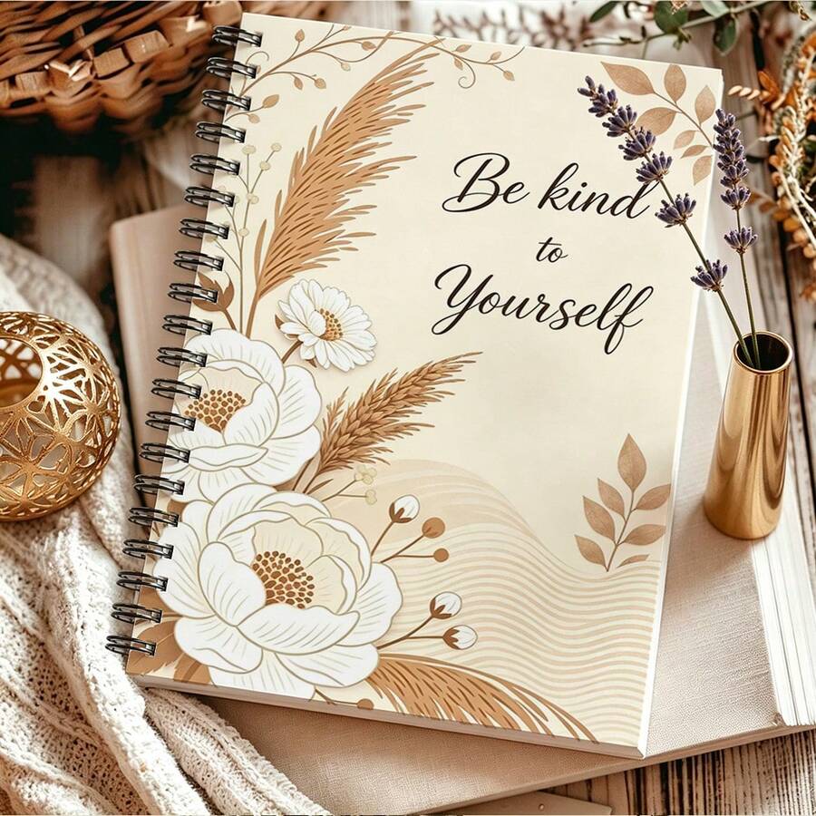 1pc A5 Notebook, Watercolor Reeds & Floral Soft Cover With Inspirational Quotes, Spiral Bound Journal, Suitable For Back To School, Daily Notes, And Reflections - A5 - View 1