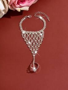 1pc Tassel Bracelet Ring Set, Crystal Tassel Connected Bracelet Hand Chain Jewelry, Suitable For Wedding, Prom, Party, Valentine's Day - Silver - View 7
