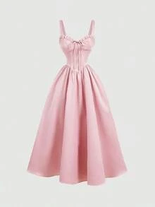 MOD Vestido largo elegante de unicolor con cintura fruncida y anudada, adecuado para citas y fiestas - Rosa - Ver 9