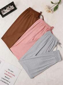 3pcs Comfortable Solid Color & Printed Women's Pajama Pants, Polyester Knit Fabric, Casual Style Ladies Trousers, Lightweight Soft Pants For Spring, Summer & Autumn - Multicolor - View 4